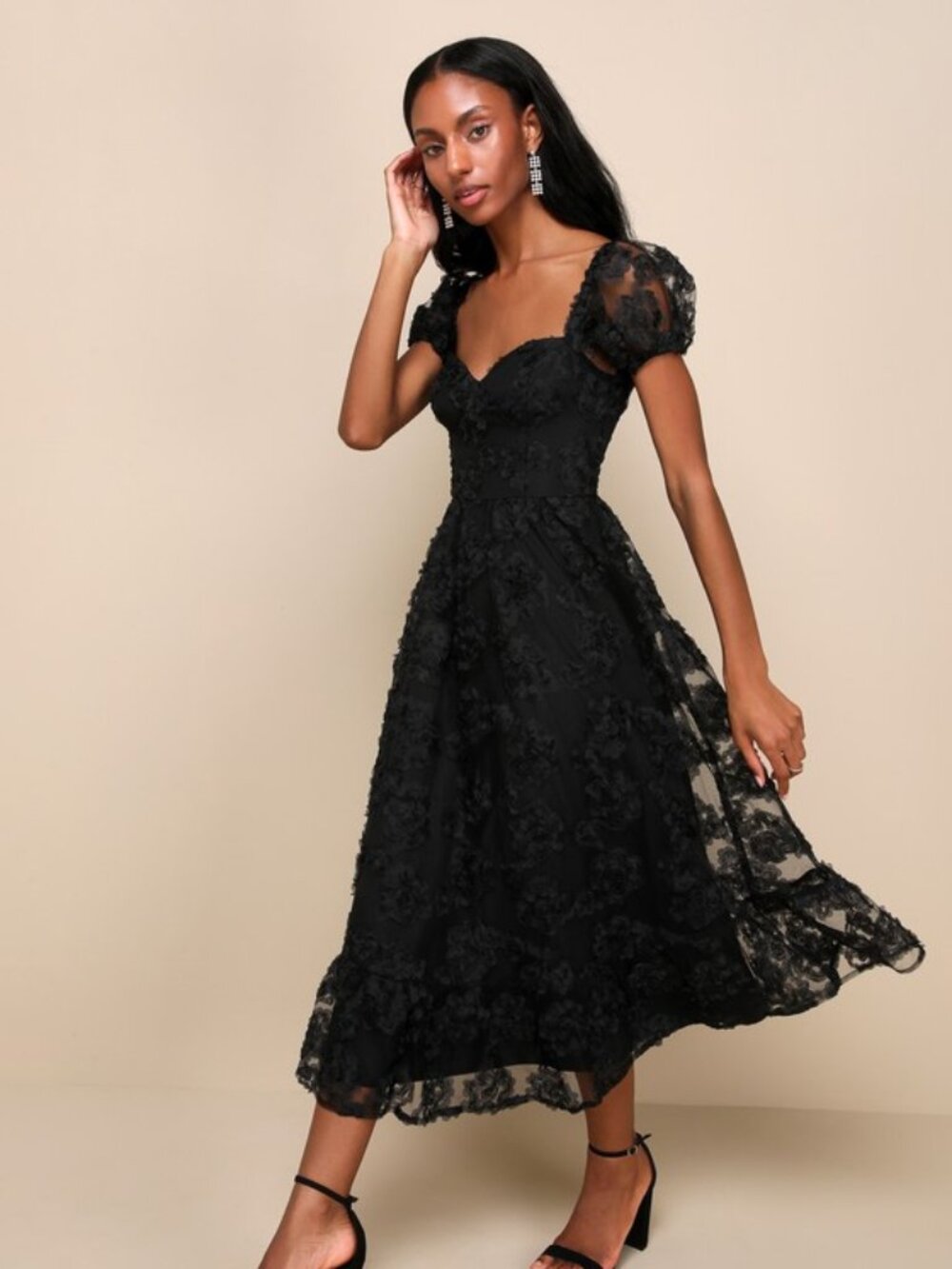 Lulus Notable Elegance Black Mesh Floral Applique Bustier Midi Dress - Size M